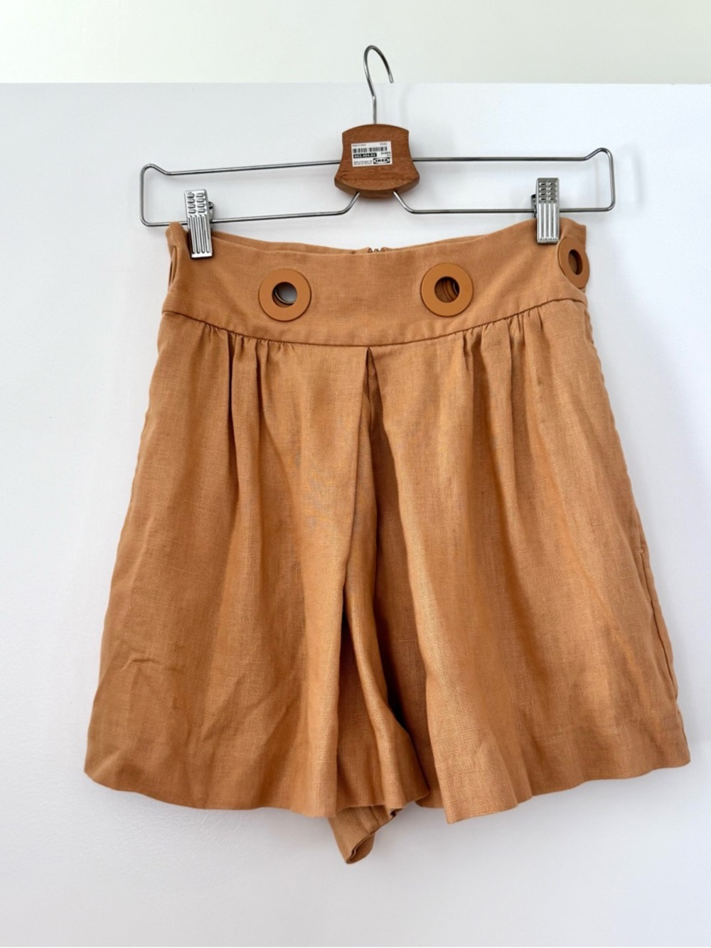 Zimmermann Rust-Tan High-Waist Linen Shorts with Grommet Waist